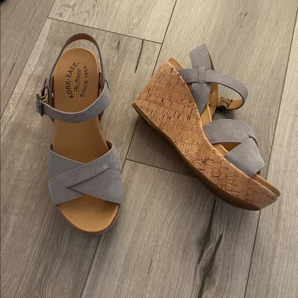 Kork-Ease Gray Suede Leather + Tan Crisscross Ankle Strap Cork Wedge Sandals - Picture 8 of 9